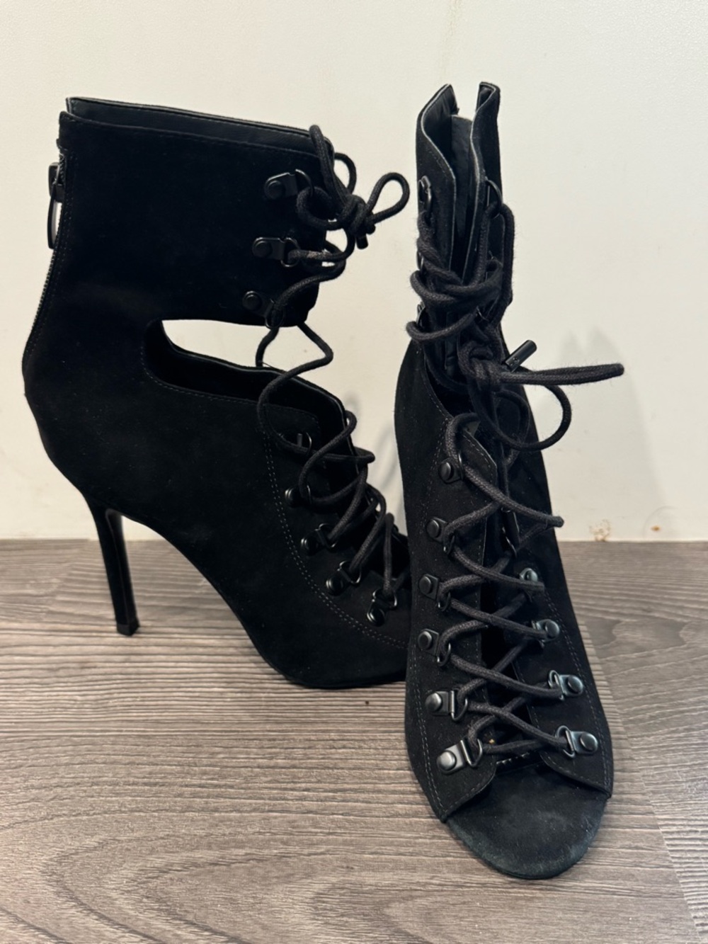 Kendall & Kylie Black Lace-Up Peep Toe Stiletto Booties